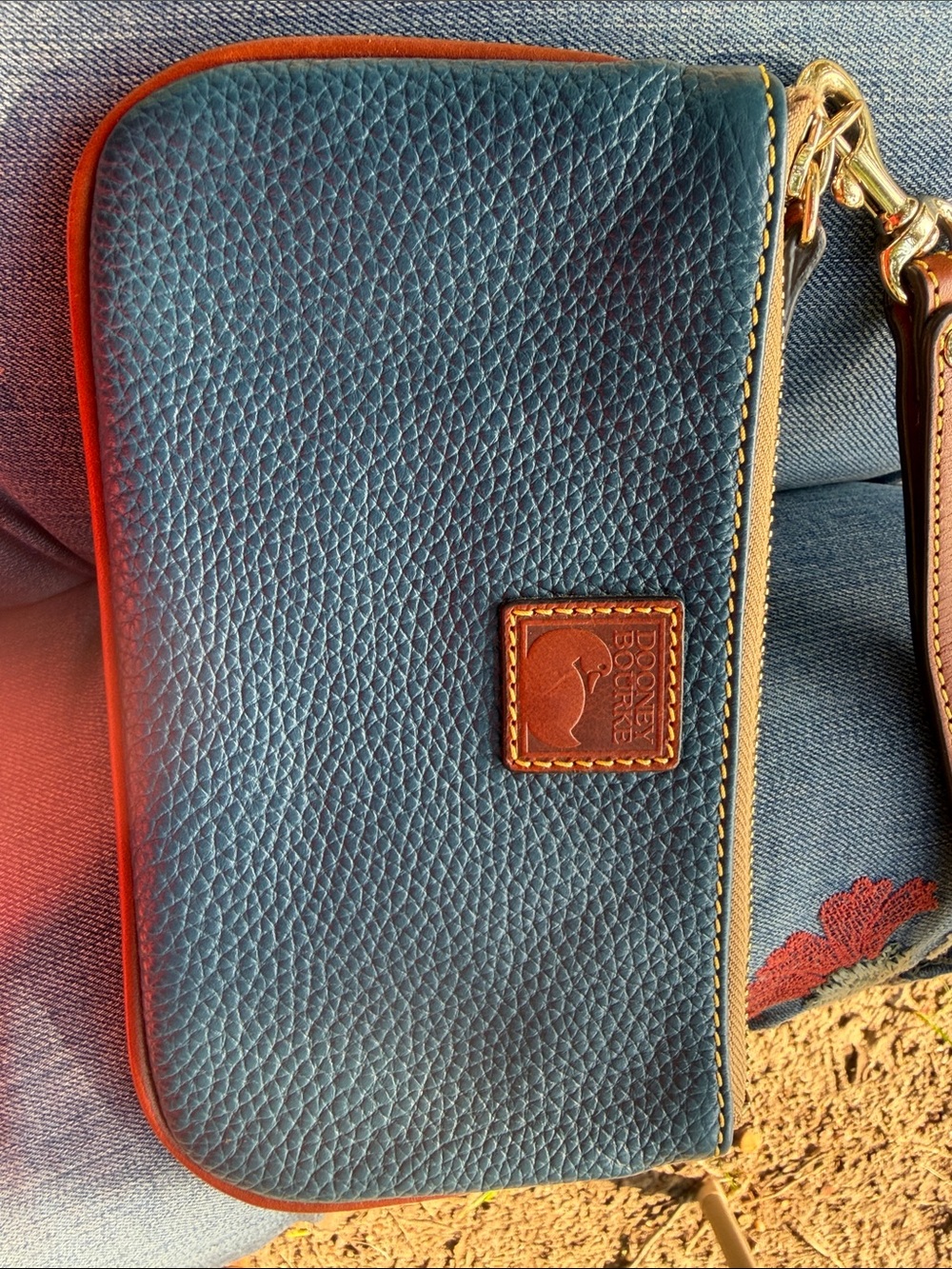 Dooney & Bourke Teal Pebbled Leather Wristlet with Brown Trim